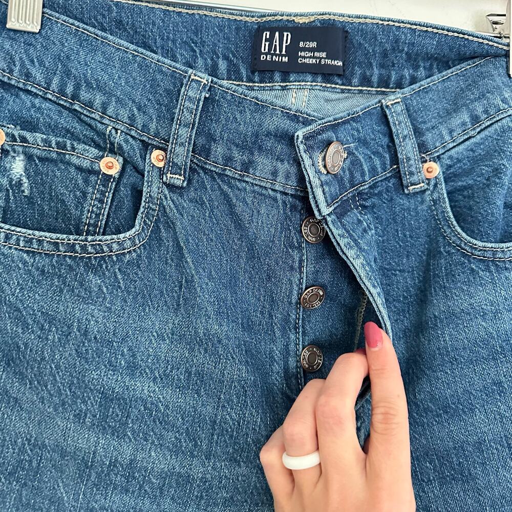 Gap Denim High Rise Cheeky Distressed Button Fly Cuffed Straight Jeans Blue 8 - Picture 7 of 9